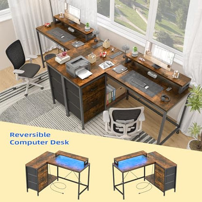 L Shaped Desk with Power Outlets & LED Lights, Computer Desk with Drawers & Shelves, Corner Desk Gaming Desk Home Office Desk, Rustic Brown