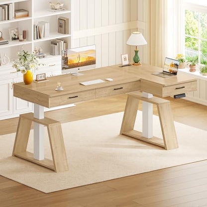 59 Inch L Shaped Electric Standing Desk with Drawers, Executive Adjustable Desk with Power Outlets, Sit Stand Computer Table for Home Office, Oak