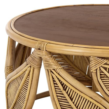 SAFAVIEH Furniture - Lusine Round Coffee Table - Honey Brown Wash & Solid Wood with Leaf Design - Boho Living Room Accent Table, 31.1" W x 31.1" D x 16" H (COF6520B)