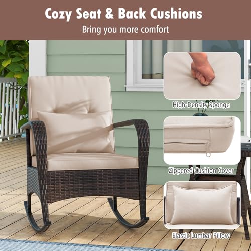 Outdoor Rocking Chairs Set of 2, 3 Piece PE Wicker Patio Bistro Set | Coffee Table & Thick Cushions, Rattan Patio Rocker Furniture for Front Porch Lawn Garden Backyard Deck Poolside (Beige)