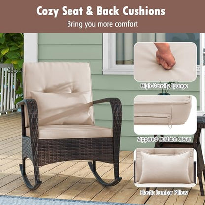 Outdoor Rocking Chairs Set of 2, 3 Piece PE Wicker Patio Bistro Set | Coffee Table & Thick Cushions, Rattan Patio Rocker Furniture for Front Porch Lawn Garden Backyard Deck Poolside (Beige)