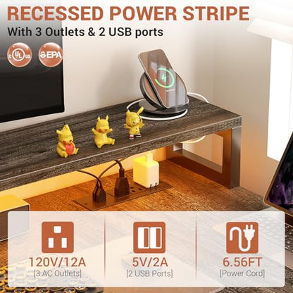 L Shaped Desk with Power Outlet, Reversible L Shaped Computer Desk with File Drawer & Monitor Stand, Gaming Desks with LED Strip, Home Office Desks with Storage Shelf, Grey Oak