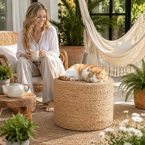 18'' Ottoman Pouf, Natural Braided Poof, Rustic Handweave Lounge Pouffe, Boho Footrest Stool for Bedroom, Accent Table or Seat for Living Room (Natural-LD)