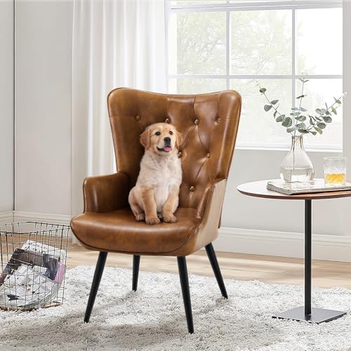 Accent Chairs Set of 2, Brown PU Leather Reading Armchair with High Backrest, Wingback Corner Chair Mid Century Modern for Living Room, Bedroom, Waiting Room