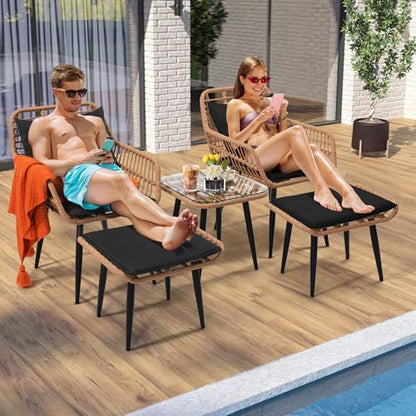 5 Piece Wicker Bistro Patio Conversation Furniture Set, Natural | Includes 2 Chairs, 2 Ottomans, and Side Table, Ideal for Porch, Balcony, Deck, Backyard