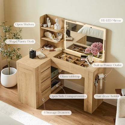 48" Makeup Vanity Desk with Mirror and Lights, Glass Top, Natural Oak, view 4