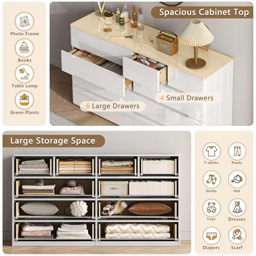 10 Drawer Dresser for Bedroom, 55" Long High Gloss Dresser, White, view 5