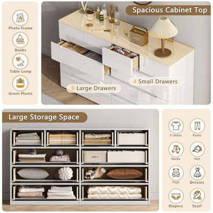 10 Drawer Dresser for Bedroom, 55" Long High Gloss Dresser, White, view 5