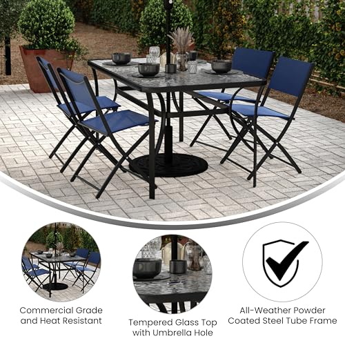 Tory Rectangle Patio Table with Umbrella Hole, Commercial All-Weather Table with Heat Resistant Tempered Glass, Steel Tube Frame, 35x 59, Black