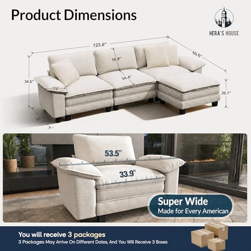 124" Oversized Modular Sectional L Shaped Sofa,Chenille Beige | 4-Seater Living Room Couches, Wider Armrest and Deep Seat, Comfy Cloud Couch with Ottoman, Wood Sturdy Frame
