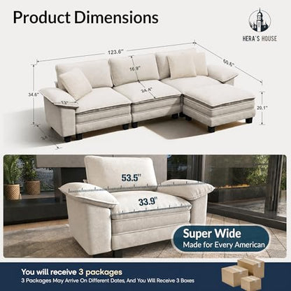 124" Oversized Modular Sectional L Shaped Sofa,Chenille Beige | 4-Seater Living Room Couches, Wider Armrest and Deep Seat, Comfy Cloud Couch with Ottoman, Wood Sturdy Frame