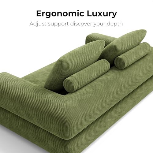 FlipNest Convertible Sleeper Sofa Bed Floor Sofa 3-in-1 No Assembly, Foldable Mattress with Corduroy Upholstery Olive Green, Lounge Loveseat Couch for Living Room Studio Guest Room