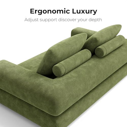 FlipNest Convertible Sleeper Sofa Bed Floor Sofa 3-in-1 No Assembly, Foldable Mattress with Corduroy Upholstery Olive Green, Lounge Loveseat Couch for Living Room Studio Guest Room