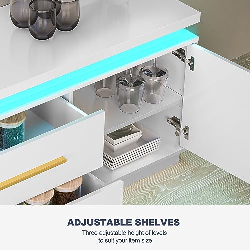 67" TV Stand for TV up to 75", Modern Entertainment Center with LED Lights Change to Melody of Music, Media Console Table with Cabinets and Drawers for Living Room, Bedroom - Studio (White)