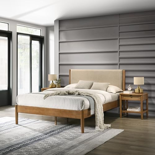 Vichy 3-Piece Rubberwood Bedroom Set, Platform Bed with Two Nightstands, Queen, Textured Polyester