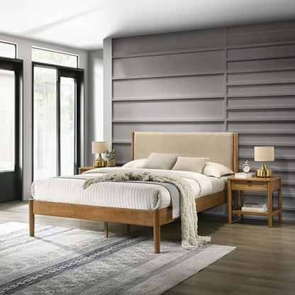 Vichy 3-Piece Rubberwood Bedroom Set, Platform Bed with Two Nightstands, Queen, Textured Polyester