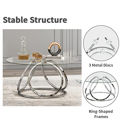 Silver Coffee Table, Modern Glass Coffee Table Living Room Table with Ring-Shaped Frames, Glass Coffee Table for Home&Office, Chrome Finish, 1 PC | Modern