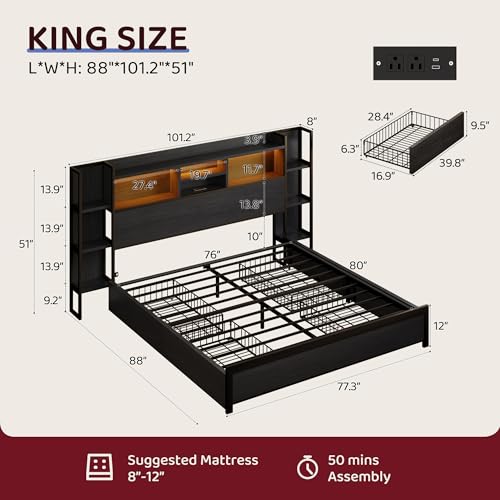 King Size Bed Frame with 4 Storage Drawers and Headboard Featuring Shelf Storage, view 3