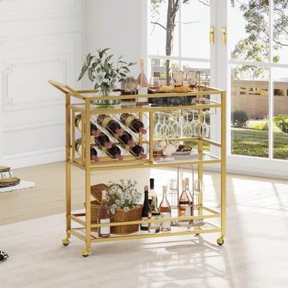 Bar Cart Gold, Home Bar Serving Cart with Wine Rack and Glasses Holder, view 5