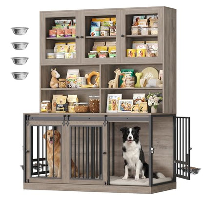 71" Tall Dog Crate Furniture, Indoor Dog Kennel with Storage, Grey, view 2