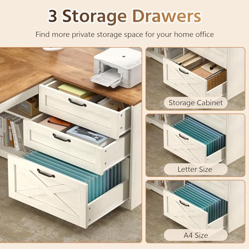 61" Farmhouse L Shaped Desk with Drawers ＆ Storage Shelves for Home Office, view 8