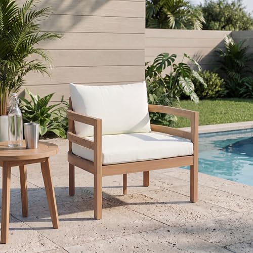 Alger Acacia Wood Lounge Chair Outdoor with Removable Cushion, Solid Wood Patio Accent Chair with Cushion, Patio Furniture Set Sofa Chair, Light Teak+Beige