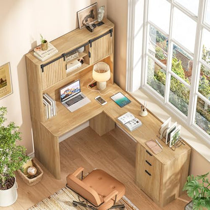 Farmhouse 68" L Shaped Fluted Desk with Hutch and Sliding Doors,Oak, view 8