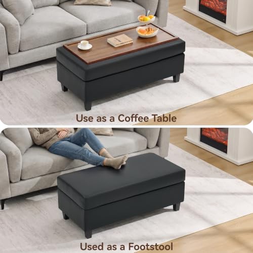 45" Faux Leather Storage Ottoman Bench with Wooden Tray, Black Large Upholstered Foot Stool, Multifunctional Coffee Table Storage Bench with Solid Wood Legs for Living Room Bedroom Entryway