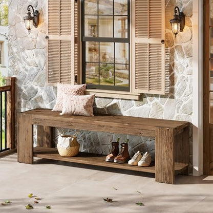 Solid Wood Entryway Bench with Storage Shelf, 55.12-Inch 2-Tier Wood Shoe Bench Seating for Entrance, Hallway, Dining Room, Living Room, Mudroom, Bedroom, Rustic Brown