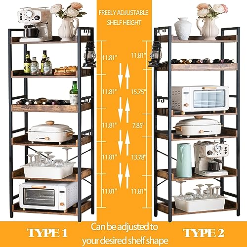 Adjustable 6 Tier Open Bookcase, Rustic Farmhouse Book Shelves, Industrial Wood and Black Metal Bookshelves, Mid Century Bookcase for Home Office Living Room Bedroom