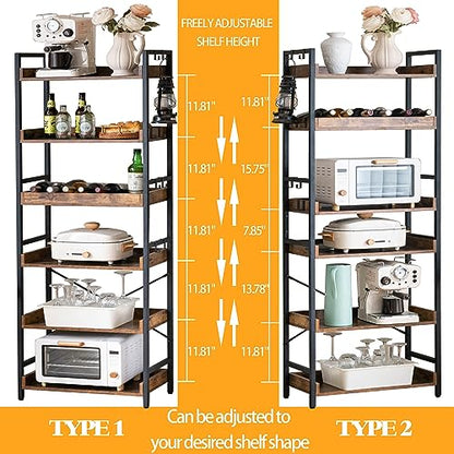 Adjustable 6 Tier Open Bookcase, Rustic Farmhouse Book Shelves, Industrial Wood and Black Metal Bookshelves, Mid Century Bookcase for Home Office Living Room Bedroom