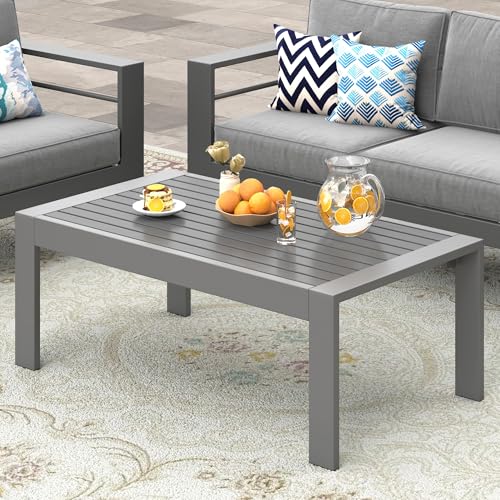 Grey all weather rectangle metal outdoor coffee table, view 2