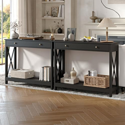 Black Console Table with Drawer and Storage Shelves, Foyer Sofa Table Narrow for Entryway, Living Room, Hallway