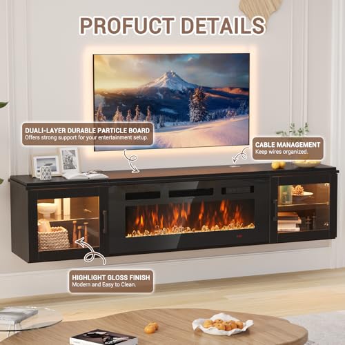 70" Floating Fireplace TV Stand Fits TVs Up to 80", Black&Black, view 5