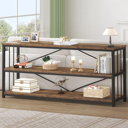 Horizontal Low Bookshelf, Extra Long Industrial Wood 3 Tier Bookcase, Wide Open Metal Large Book Shelf for Bedroom Living Room, Rustic Brown, 70 Inch