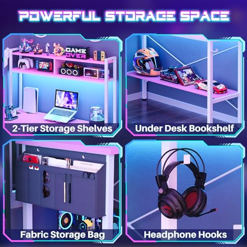 L Shaped Desk Gaming Desk, 59" L Shaped Computer Desk with LED Light & Power Outlet, Reversible Home Office Desk Gamer Desks with Shelves & Storage Bag & Hooks, Corner PC Desk, Pink
