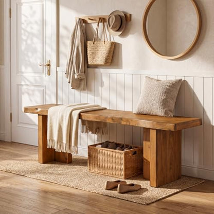 55 Inch Wooden Entryway Bench with Live Edge, Solid Wood Shoe Bench for Entrance, End of Bed for Bedroom, Entryway, Hallway, Indoor, Rustic Brown