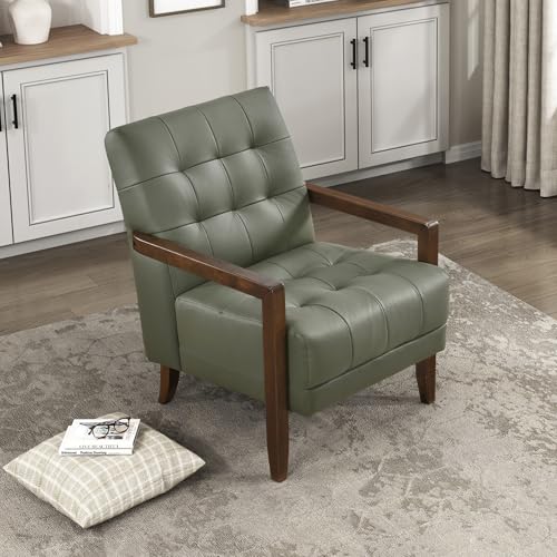 Modern Accent Chair, Luxury Genuine Leather Match Living Room Chair with Tufted Cushions, Solid Wood Frame and Arm Rest, Comfy Upholstered Single Seat for Bedroom/Reading/Office, Green