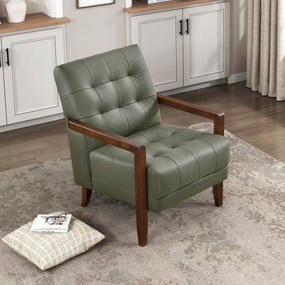 Modern Accent Chair, Luxury Genuine Leather Match Living Room Chair with Tufted Cushions, Solid Wood Frame and Arm Rest, Comfy Upholstered Single Seat for Bedroom/Reading/Office, Green