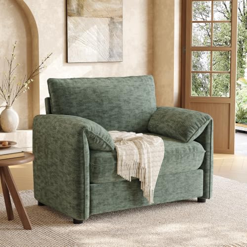 Oversized Green Chenille Armchair with Padded Arms, view 2