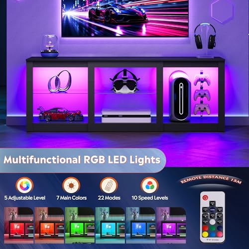 Modern LED TV Stand for 65 70 Inch TV, 58" Entertainment Center with Adjustable Glass Shelves & RGB Lights, Wood Media Console Table for Living Room, Bedroom, Gaming Room, Black