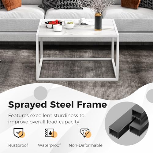 Square Coffee Table with Faux Marble Tabletop & Steel Frame, Center Cocktail Table, Accent Living Room Furniture, Low Bedside Table, Easy Assembly (White)