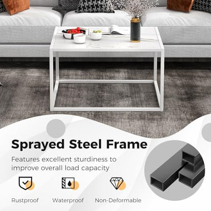Square Coffee Table with Faux Marble Tabletop & Steel Frame, Center Cocktail Table, Accent Living Room Furniture, Low Bedside Table, Easy Assembly (White)