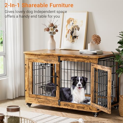 Large Dog Crate Furniture, 38'' Heavy Duty Wood Kennel w/Cushion & Wheels, view 3