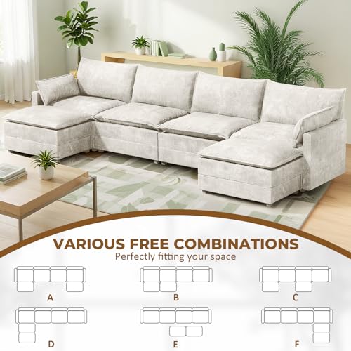147" U-Shape Modular Sofa with 2 Ottomans, Deep Seat Cloud Convertible Sleeper, 2 Arm Pillows, Comfortable Large Upholstered Furniture for Living Room Apartment, Beige