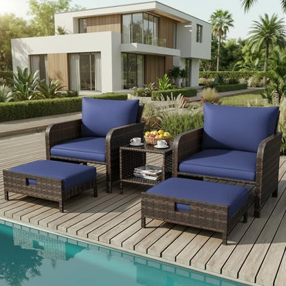 Patio Conversation Set 5 Piece, Balcony Furniture Outdoor PE Rattan Wicker Lounge Chairs with Soft Cushions, 2 Ottomans & Glass Table for Porch Lawn, Brown (Blue Cushions