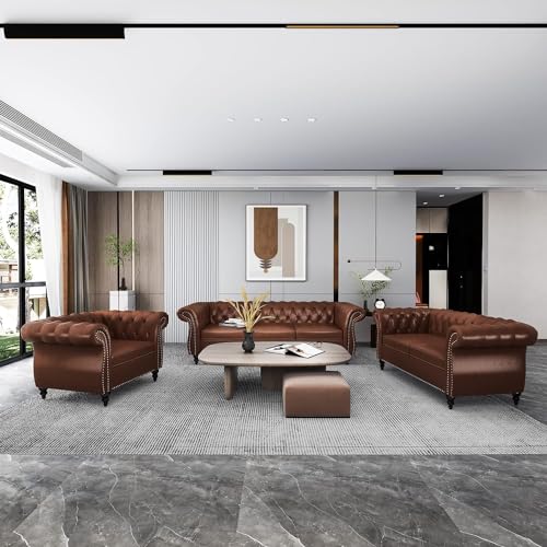 Chesterfield Leather Sofa 3 Seater Couch, Mid-Century Large Sofa Roll Arm Classic Tufted Settee Modern PU Sofa with Channel Tufted Seat Back for Living Room, Office, Apartment, PU Brown
