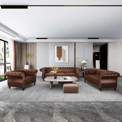 Chesterfield Leather Sofa 3 Seater Couch, Mid-Century Large Sofa Roll Arm Classic Tufted Settee Modern PU Sofa with Channel Tufted Seat Back for Living Room, Office, Apartment, PU Brown
