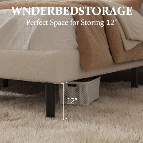 Queen Bed Frame, Upholstered Bed with Teddy Velvet Headboard, Beige, view 8