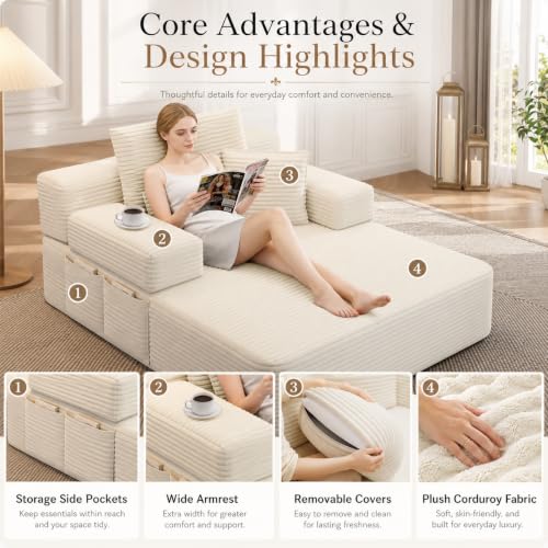 Oversized Chaise Lounge Chair Indoor,Corduroy Upholster Boneless Sofa Bed, view 6